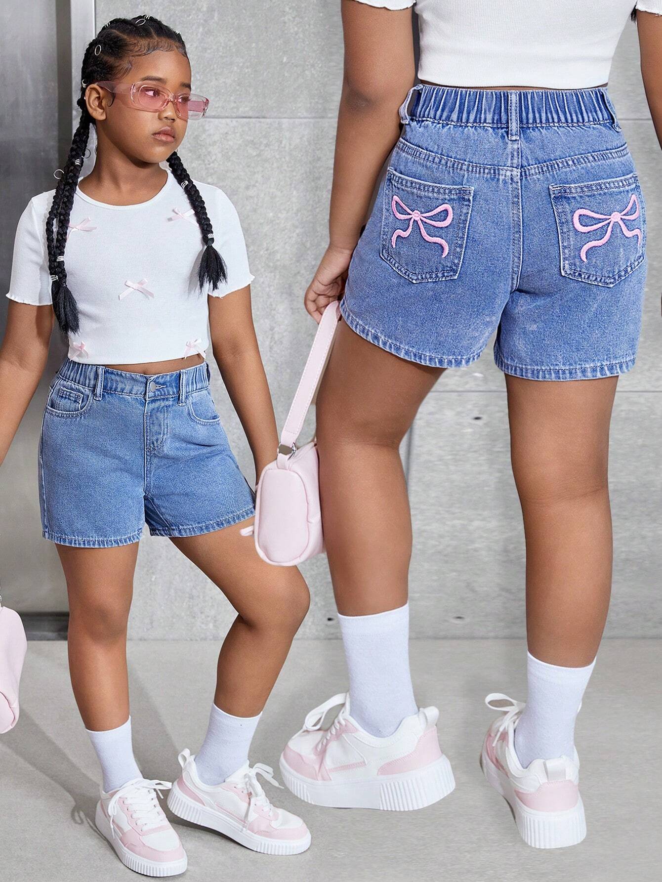 Shorts vaqueros minimalistas informales para niñas preadolescentes, uso diario