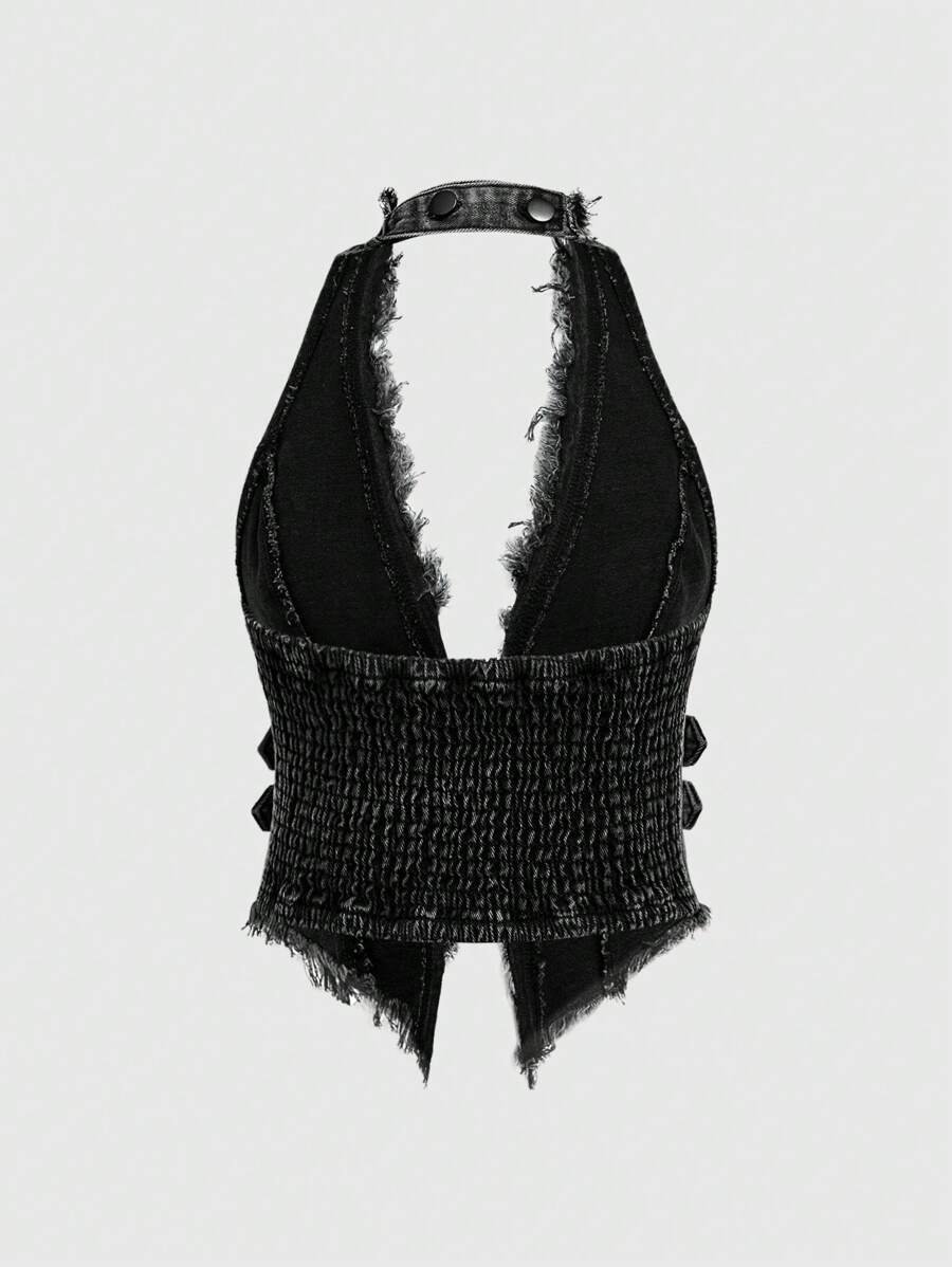 Blusa vaquera entallada con flecos y escote hippie para mujer de ROMWE, ropa informal para uso diario