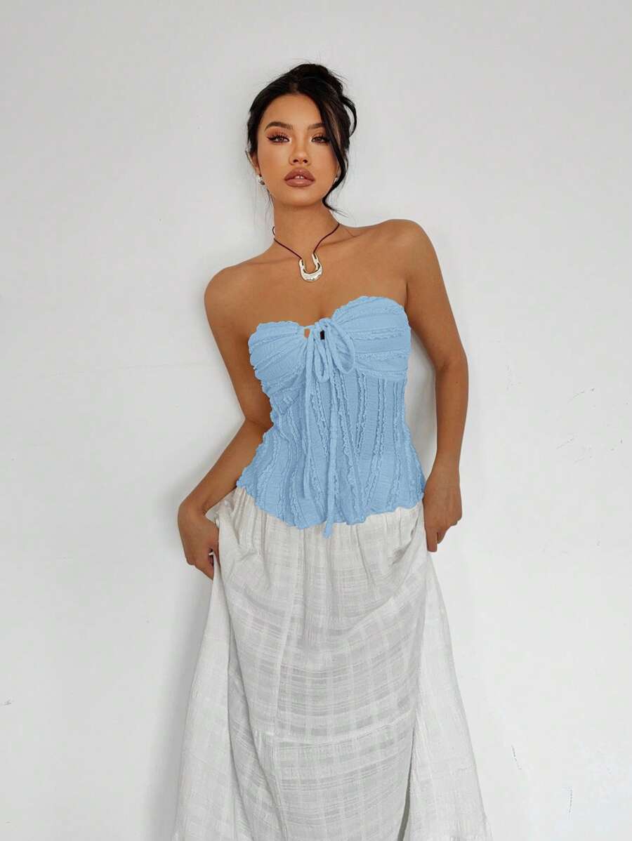 Siren Gaze - Top texturizado con volantes, lazo frontal y hombros descubiertos de color liso para mujer, atuendo para concierto, atuendos para rave, atuendo para festival, atuendo para concierto country, verano
