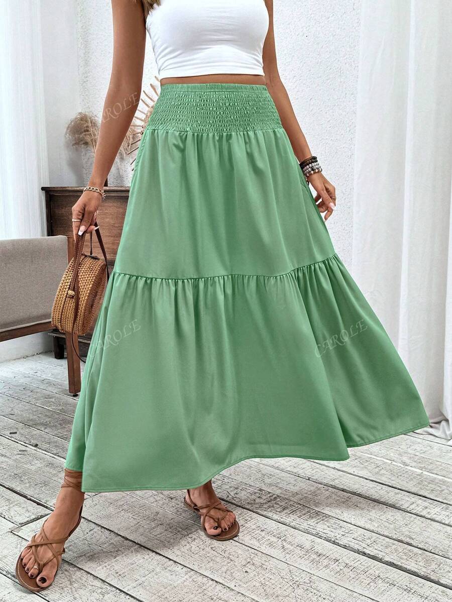 Falda larga informal con estampado floral diminuto para mujer, cintura elástica, bolsillos y bajo con volantes, corte A para verano