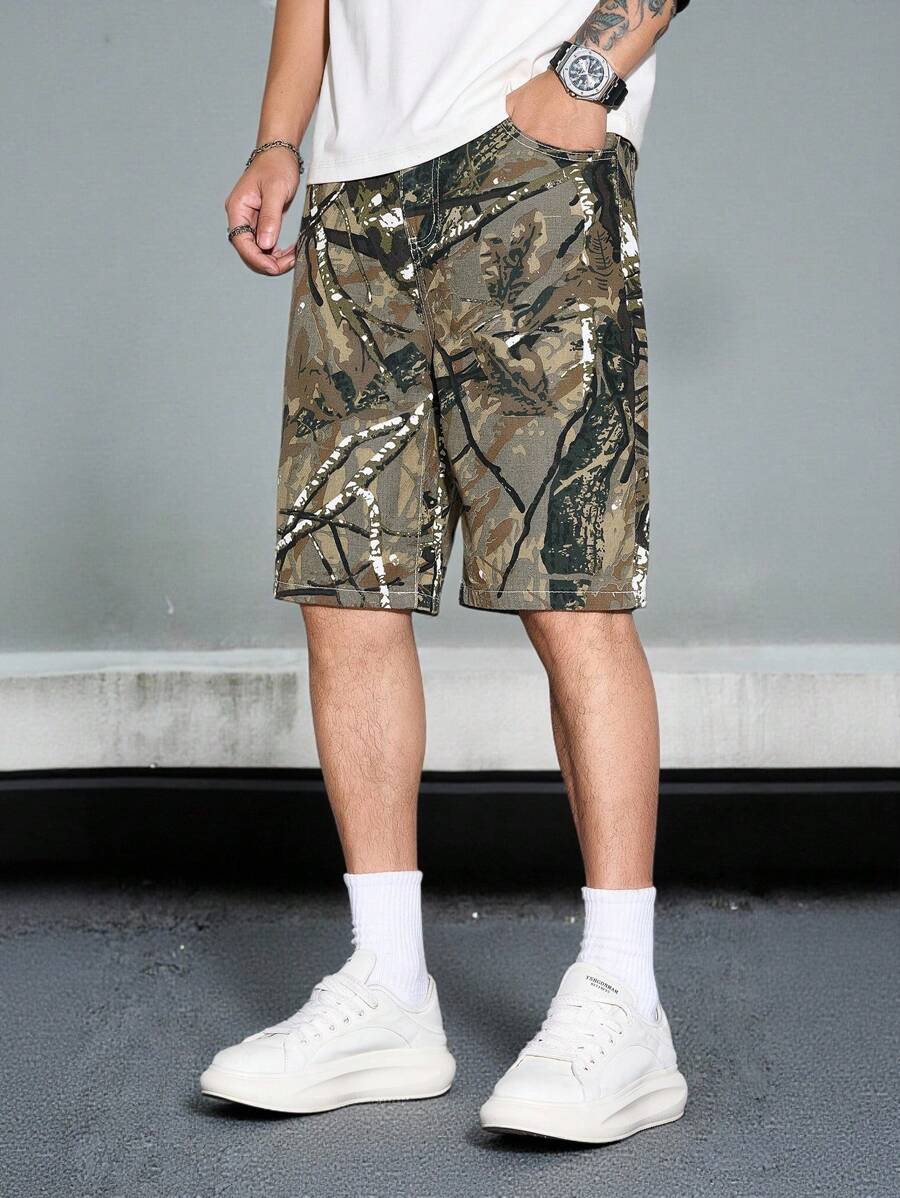 Pantalones cortos vaqueros holgados Manfinity LEGND para hombre, estilo casual, con estampado de ramas de árbol, camuflaje verde, ideal como regalo para esposo o novio.
