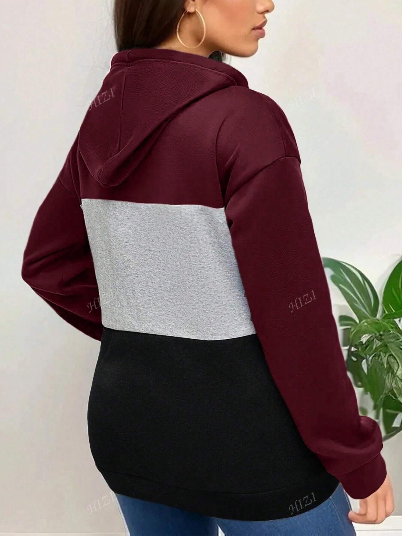 Chaqueta tipo sudadera con capucha, cremallera y cordón ajustable en bloques de color, nueva llegada otoño-invierno