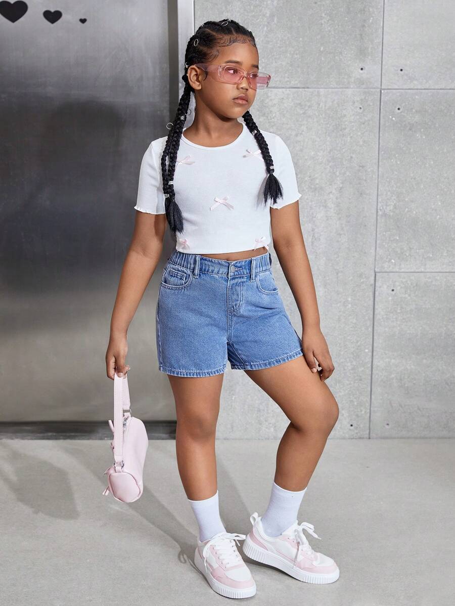 Shorts vaqueros minimalistas informales para niñas preadolescentes, uso diario