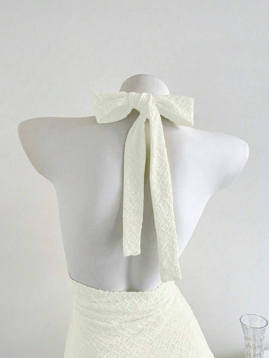 Elamini - Vestido corto informal de verano para mujer, de tejido de punto, color liso, con doble capa, volantes, cuello halter y lazo
