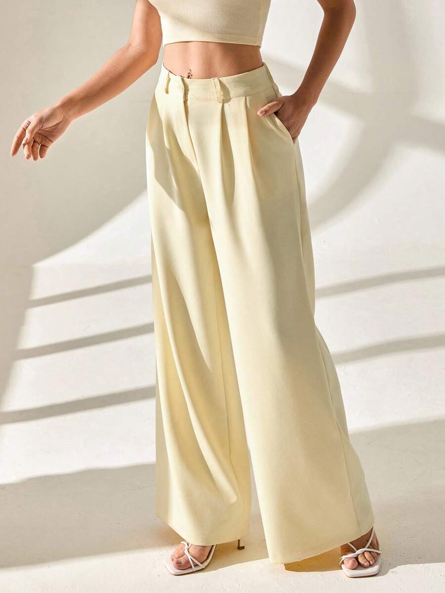 Pantalones de traje elegantes de pierna ancha plisados amarillo mantequilla para mujer CLARA VERO
