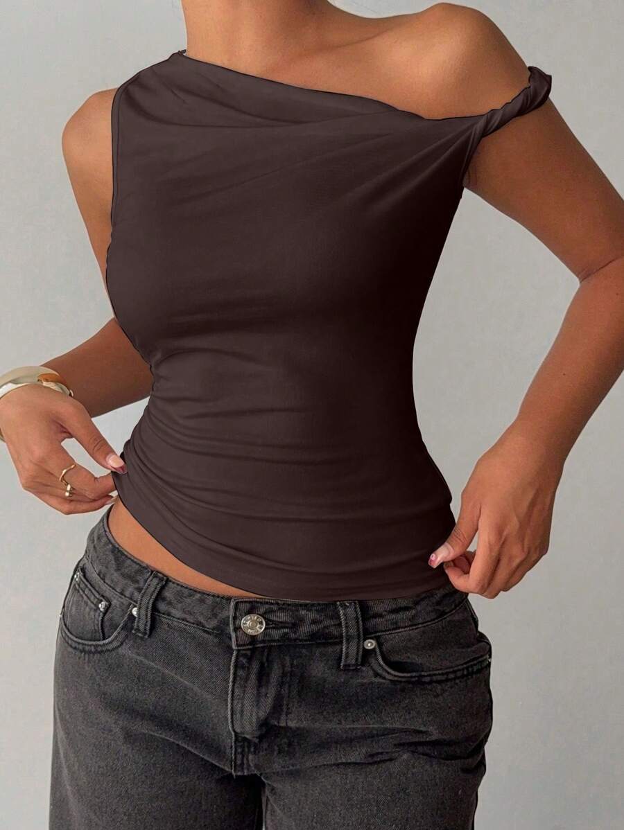 Blusa asimétrica de cuello en V de color liso para mujer, moda de verano