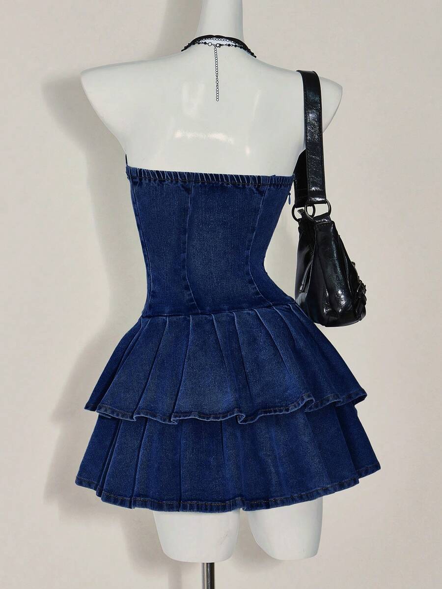 Vestido tubo vaquero con volantes en el bajo para mujer de ICON