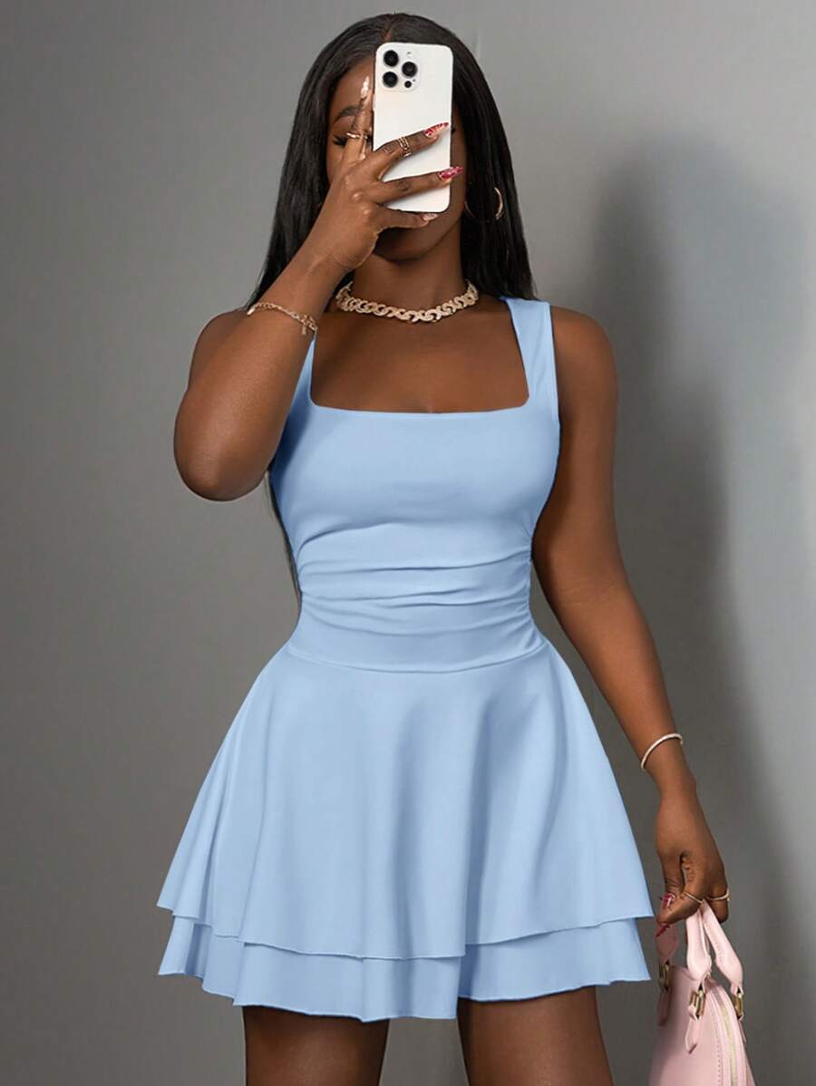 Vestido corto Slaydiva de verano para mujer, informal, básico, deportivo, dulce, con escote cuadrado fruncido y doble capa, corte A