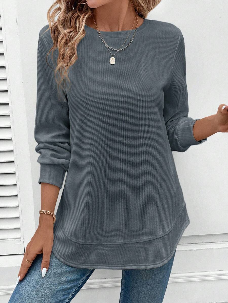 Sudadera LUNE de cuello redondo, dobladillo asimétrico, tejido con textura de gofre, silueta básica, informal y cómoda, para mujer, tops de manga larga