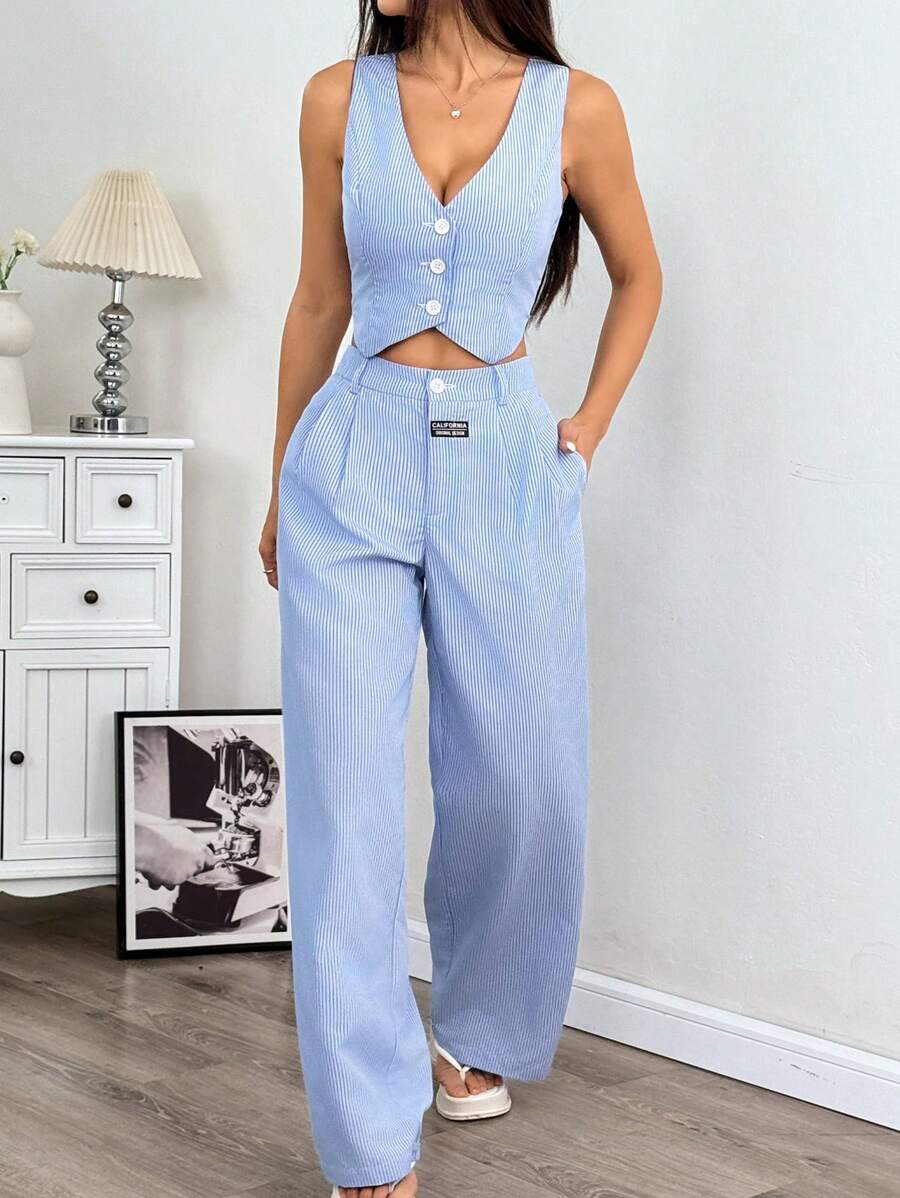 Conjunto de traje de lino de verano para mujer de EZwear, con chaleco y pantalón largo holgado, de un solo pecho y color liso