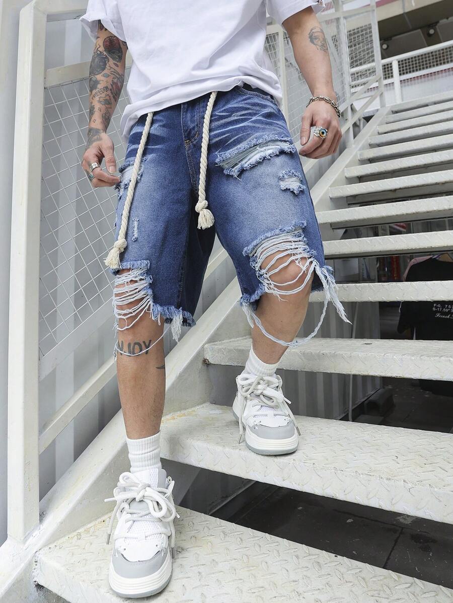 Pantalones cortos vaqueros Manfinity EMRG de algodón para hombre, deshilachados y con dobladillo sin rematar