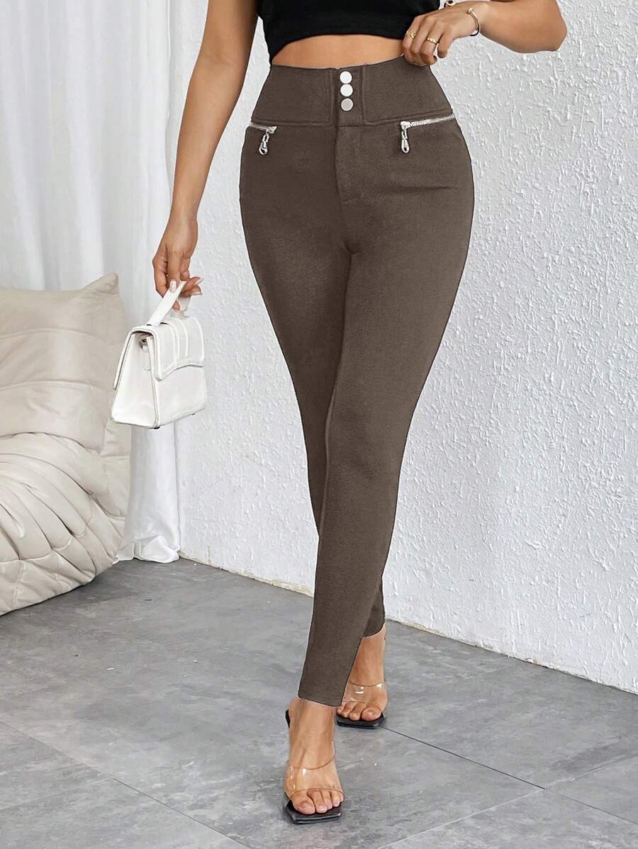 Pantalones casuales ajustados de cintura alta con cremallera y botones frontales de color liso para mujer de Firerie
