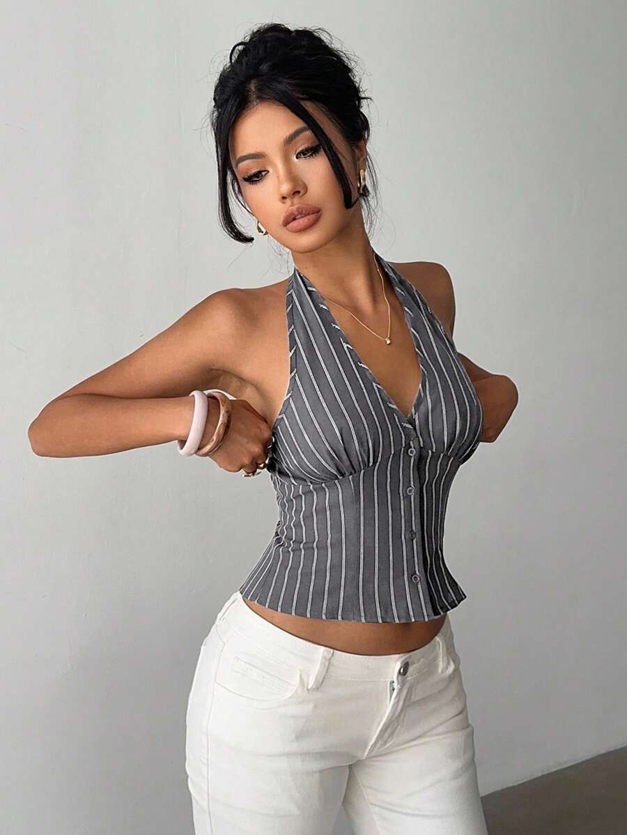 Blazer fino Aloruh de algodón a rayas con cuello alto y botonadura sencilla para mujer