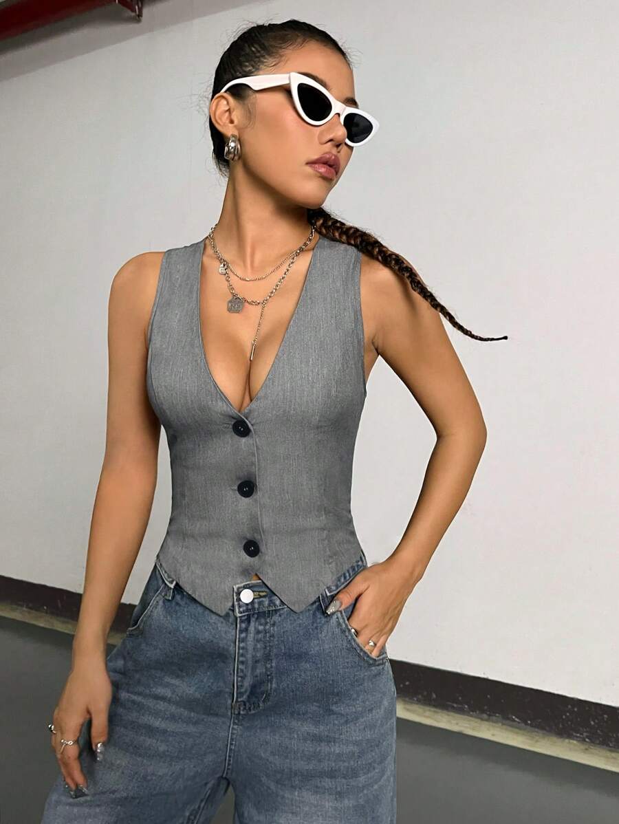 Chaqueta blazer fina sin mangas con botones delanteros y escote en V liso para mujer de StreetHx, 1 pieza