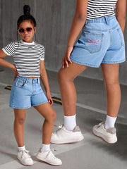 Shorts vaqueros minimalistas informales para niñas preadolescentes, uso diario