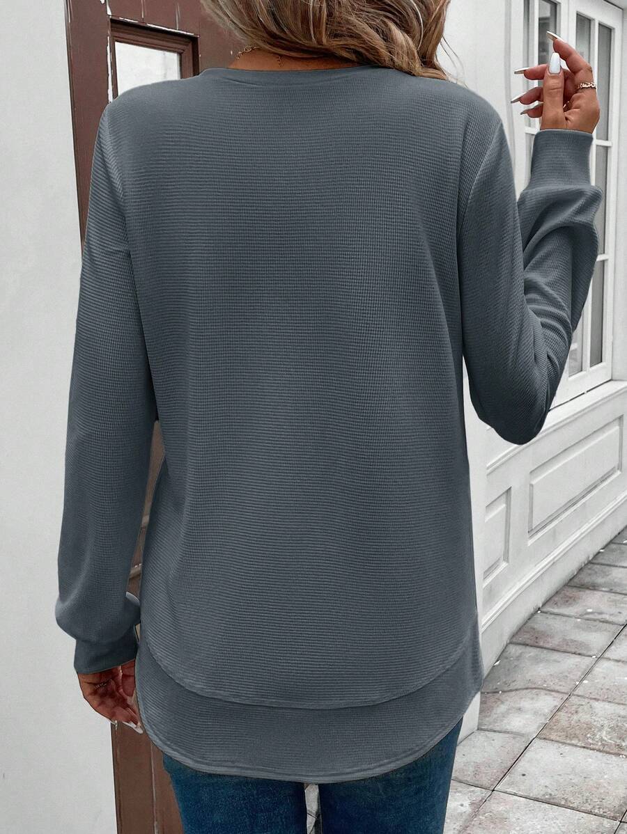 Sudadera LUNE de cuello redondo, dobladillo asimétrico, tejido con textura de gofre, silueta básica, informal y cómoda, para mujer, tops de manga larga
