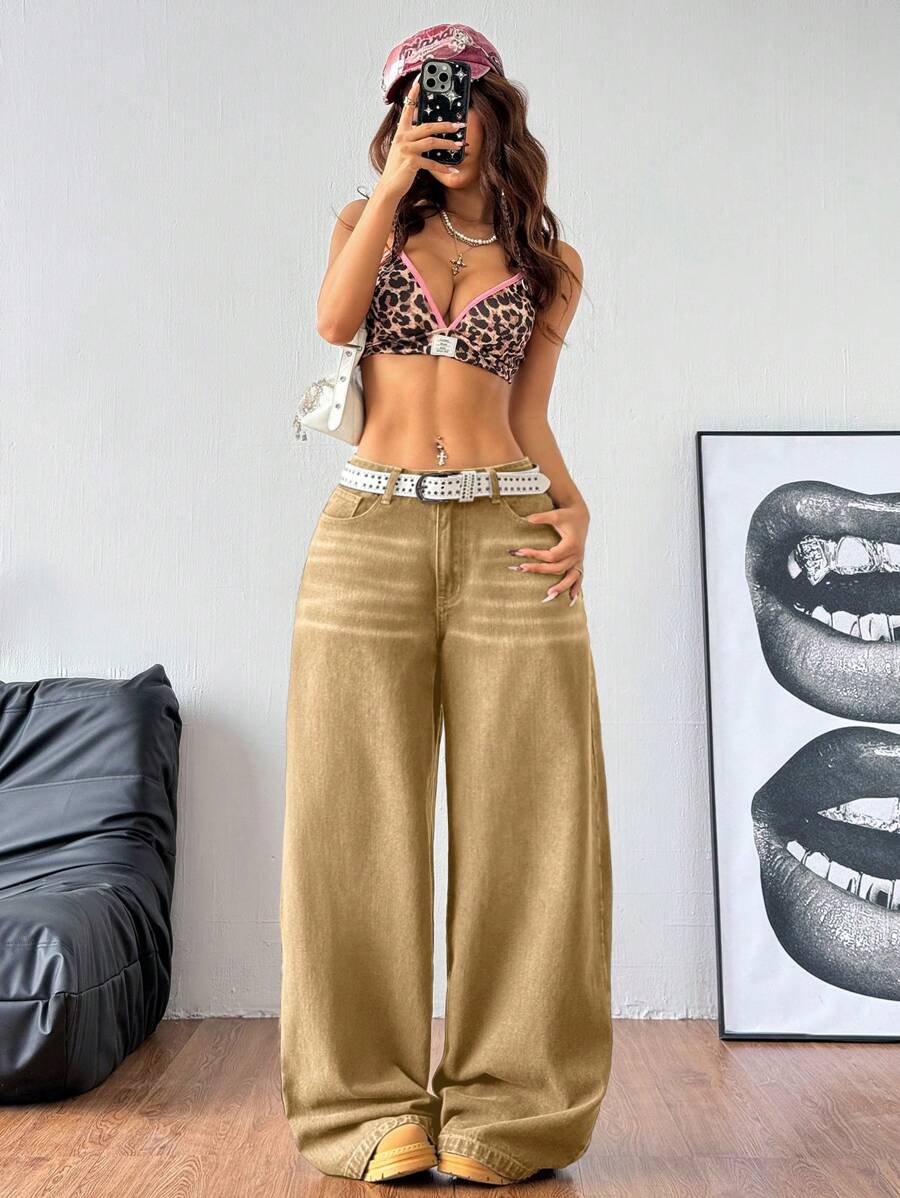 Coolane - Vaqueros casuales y versátiles para mujer con bolsillos, pantalones anchos y holgados, conjuntos de verano para mujer, color caqui