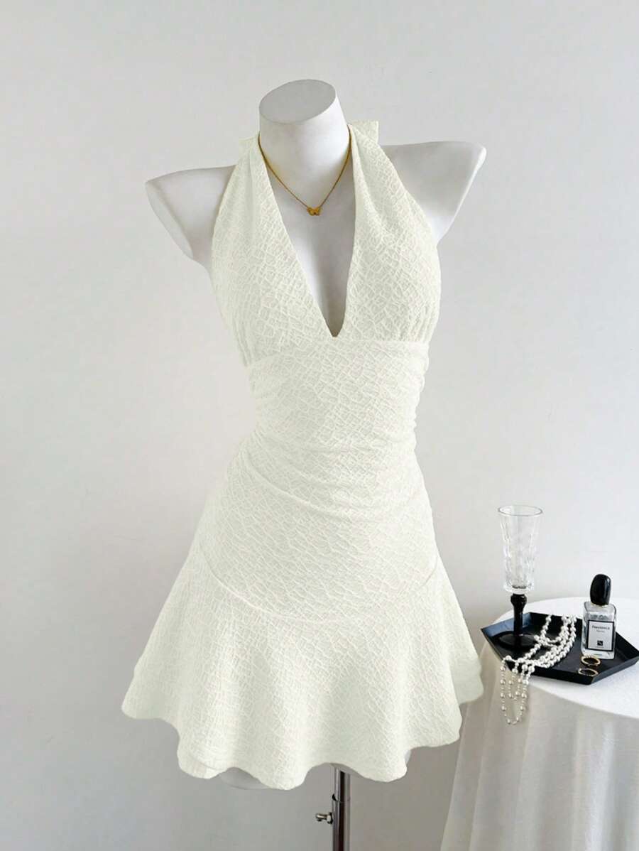 Elamini - Vestido corto informal de verano para mujer, de tejido de punto, color liso, con doble capa, volantes, cuello halter y lazo