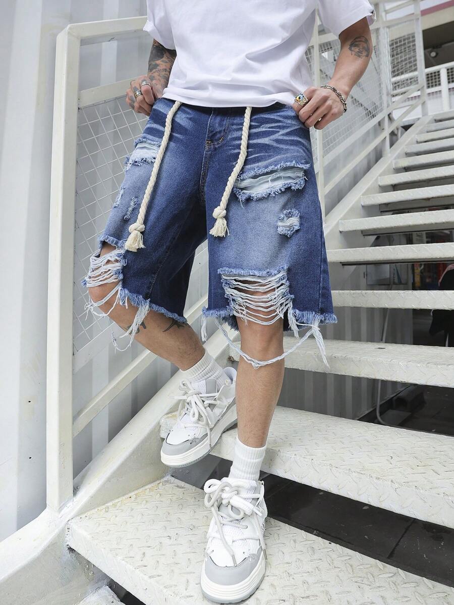 Pantalones cortos vaqueros Manfinity EMRG de algodón para hombre, deshilachados y con dobladillo sin rematar
