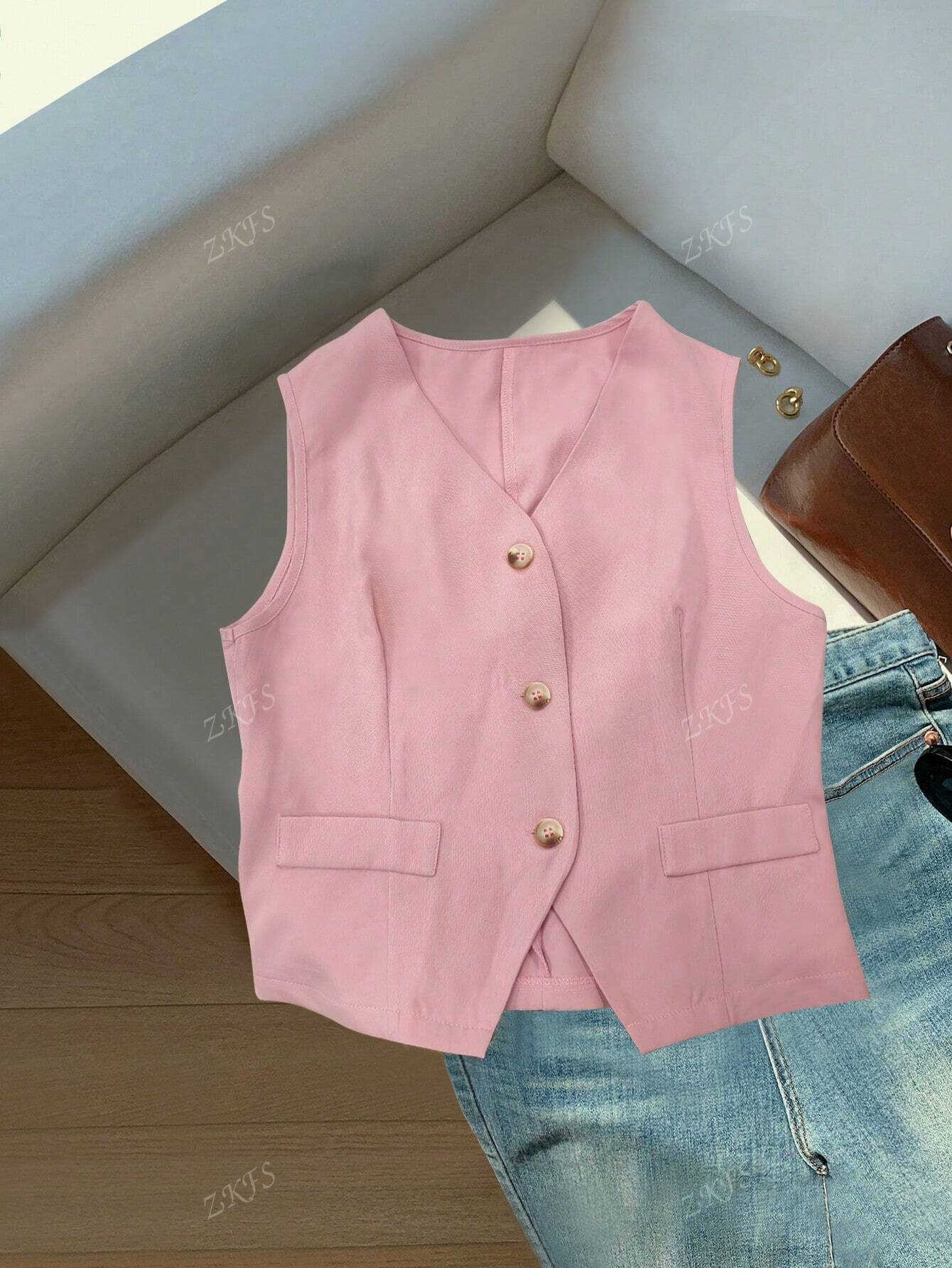 Chaqueta elegante de traje sin mangas con cuello en V para mujer, chaleco con botones delanteros de moda para todas las estaciones.
