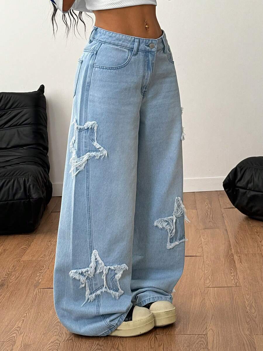 Vaqueros lavados Coolane para mujer, estilo rapero, estilo deportivo, estilo grunge con estampado de estrellas