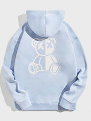 SWAVVY - Sudadera con capucha y forro térmico con cordón y estampado de oso para hombre, manga larga, gruesa e informal, color azul claro, ideal como regalo para amigos, esposos y novios.