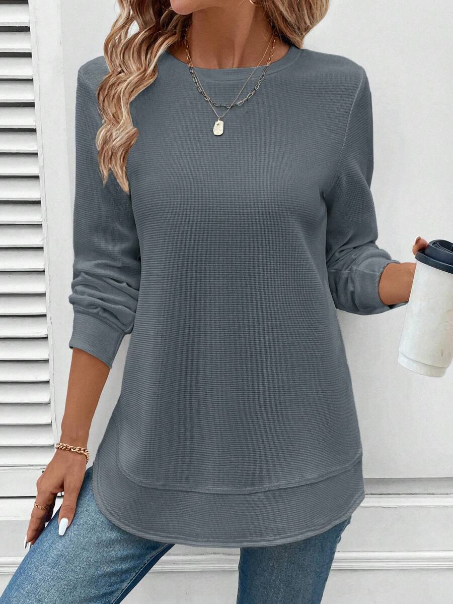 Sudadera LUNE de cuello redondo, dobladillo asimétrico, tejido con textura de gofre, silueta básica, informal y cómoda, para mujer, tops de manga larga