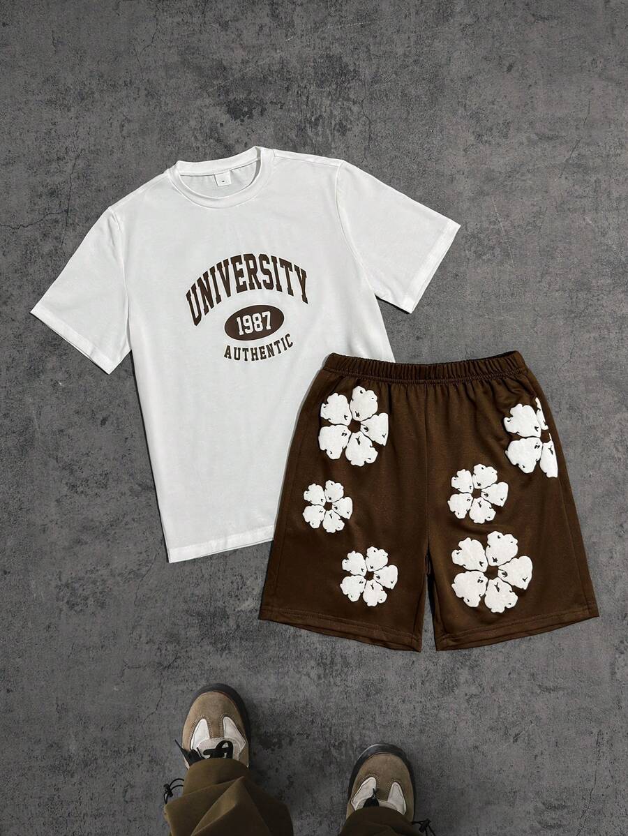 Conjunto informal de 2 piezas para niño: camiseta holgada de manga corta con estampado de letras y pantalones cortos deportivos holgados con estampado de arce, verano