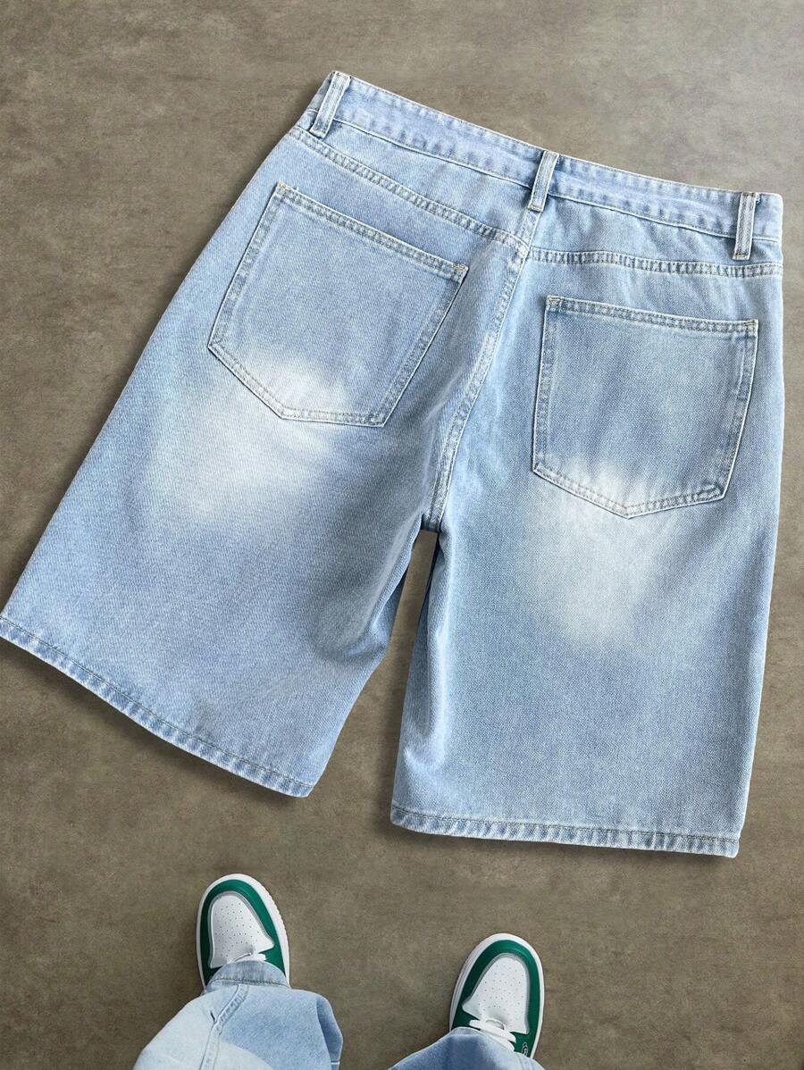 Bermudas vaqueras lavadas con estampado de letras y dibujos animados para hombre, estilo informal y moderno, de color azul claro