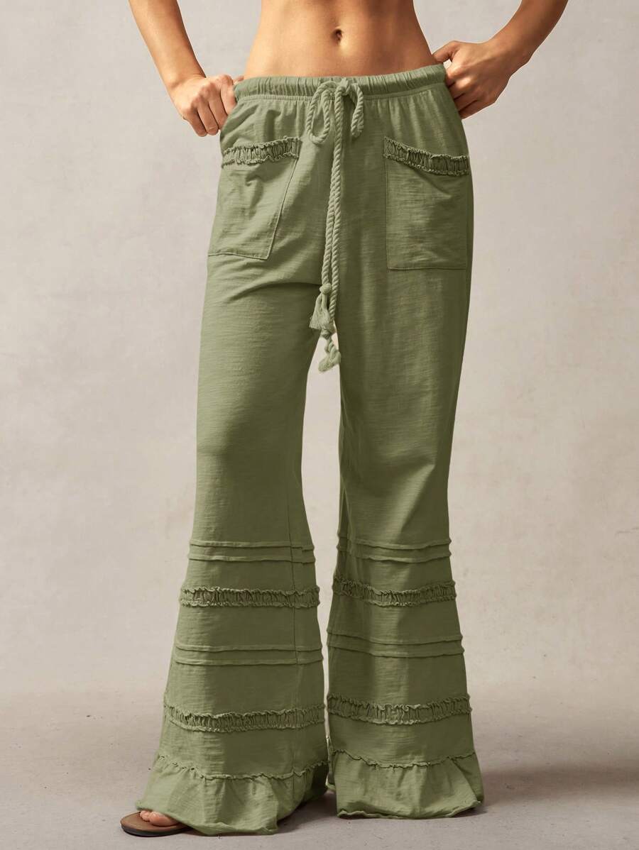 Pantalones de punto acampanados de cintura alta de color liso estilo bohemio Bohemela, primavera-verano