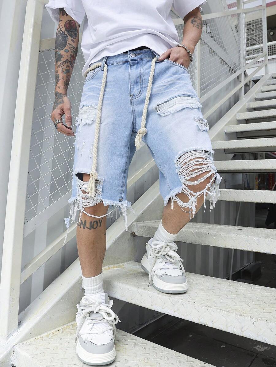 Pantalones cortos vaqueros Manfinity EMRG de algodón para hombre, deshilachados y con dobladillo sin rematar