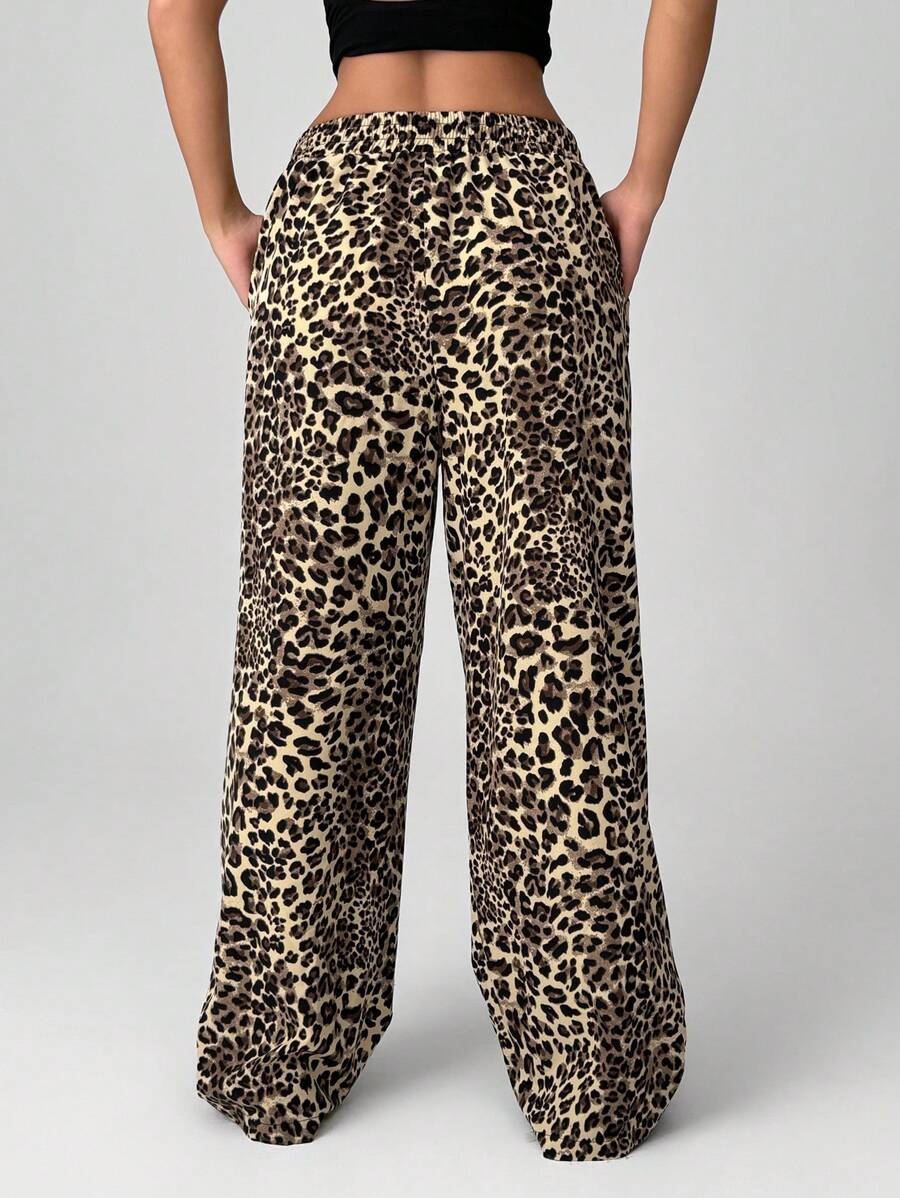 Pantalones anchos de tejido con estampado de leopardo EZwear para mujer