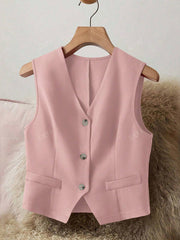 Chaqueta elegante de traje sin mangas con cuello en V para mujer, chaleco con botones delanteros de moda para todas las estaciones.