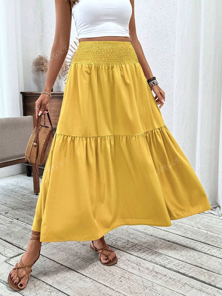 Falda larga informal con estampado floral diminuto para mujer, cintura elástica, bolsillos y bajo con volantes, corte A para verano