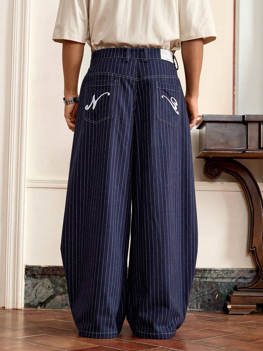 Pantalones holgados SWAVVY informales de gran tamaño con rayas azules y letras 3D bordadas para hombre, ideales para el verano y la escuela.