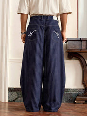 Pantalones holgados SWAVVY informales de gran tamaño con rayas azules y letras 3D bordadas para hombre, ideales para el verano y la escuela.