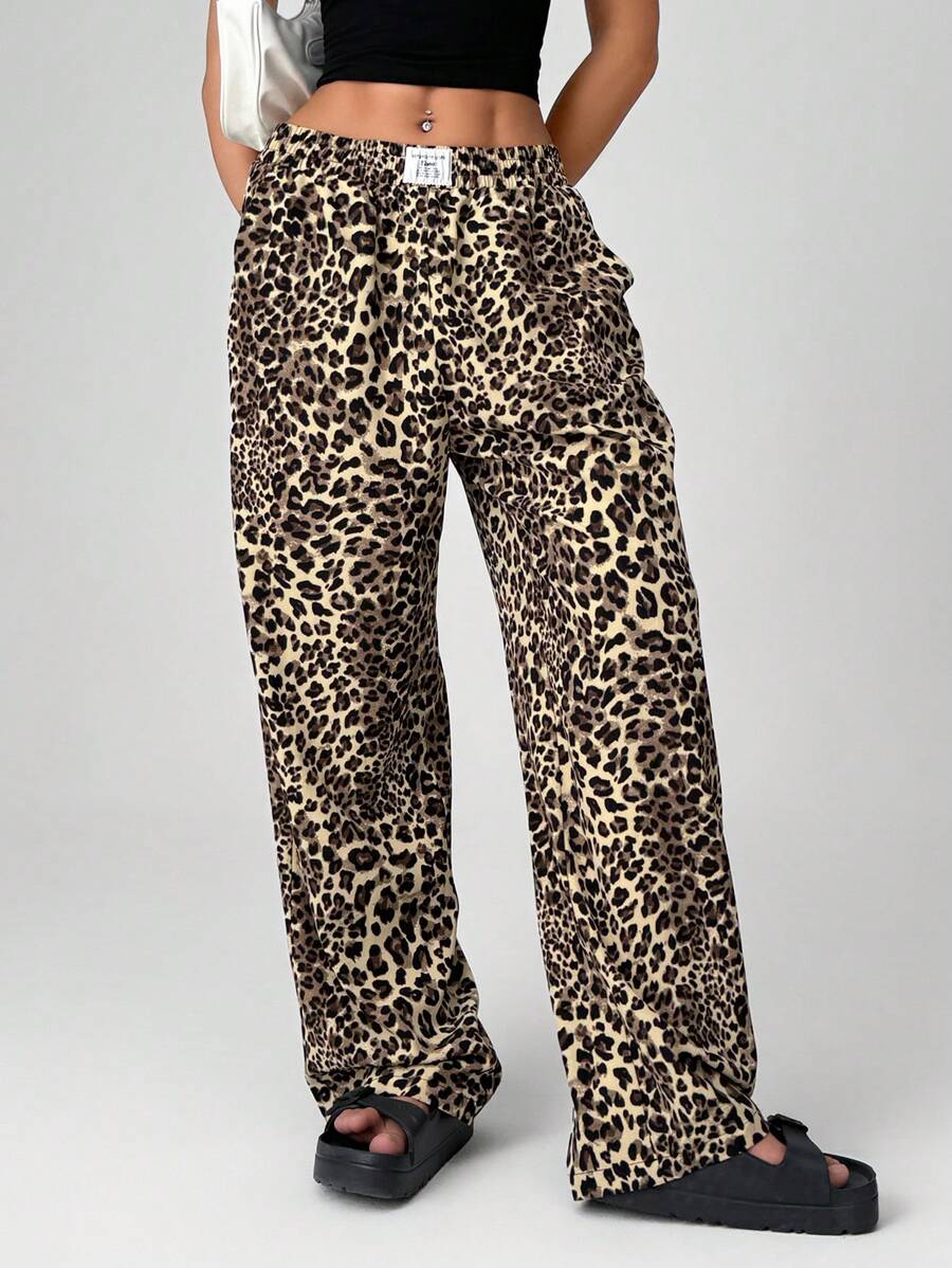 Pantalones anchos de tejido con estampado de leopardo EZwear para mujer