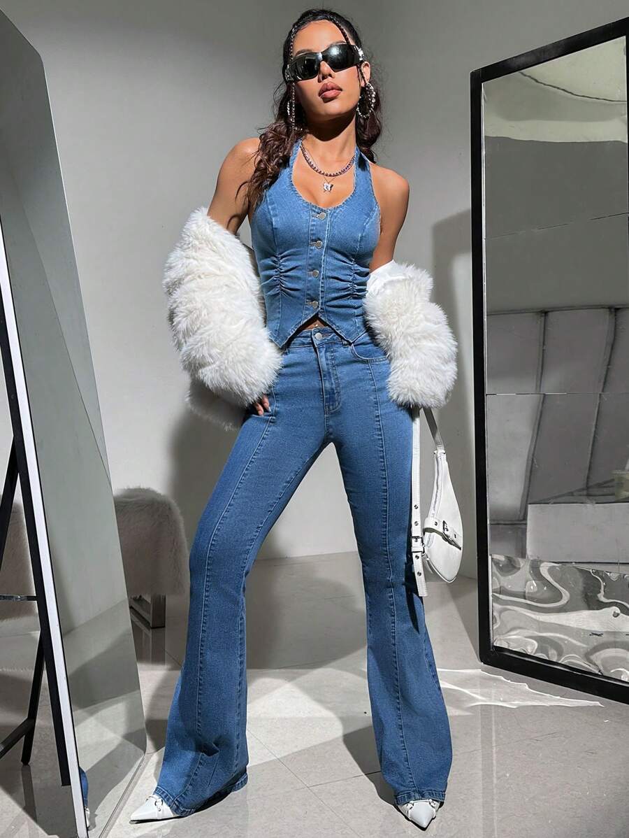 Top corto de mezclilla ajustado con elástico azul Y2K, cuello halter, sin espalda y con tirantes finos ICON