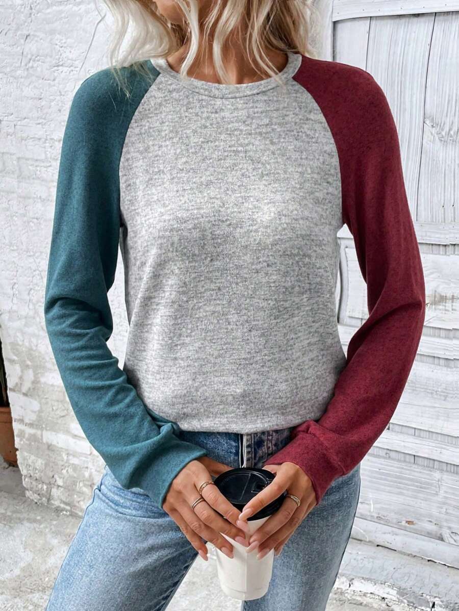 Sudadera de manga raglán con bloques de color de Emery Rose, camisetas de manga larga para graduación, atuendos para la vuelta al cole, trajes de profesora para mujer, ropa para la vuelta al cole.