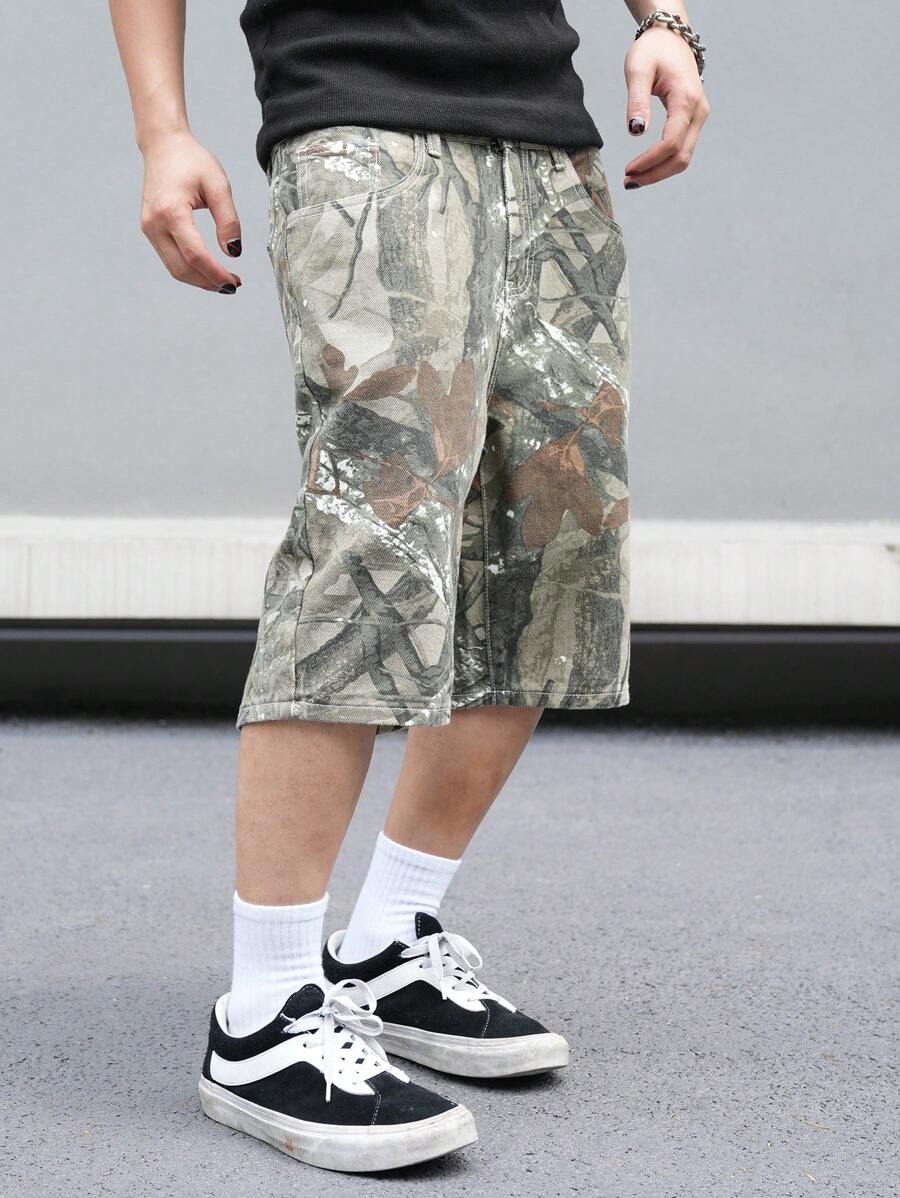 Pantalones cortos vaqueros holgados Manfinity LEGND para hombre, estilo casual, con estampado de ramas de árbol, camuflaje verde, ideal como regalo para esposo o novio.