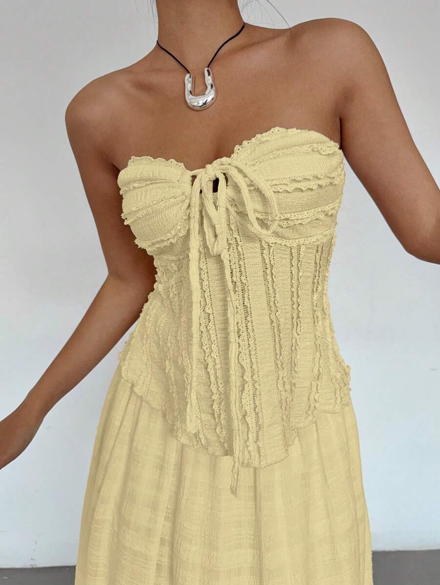 Siren Gaze - Top texturizado con volantes, lazo frontal y hombros descubiertos de color liso para mujer, atuendo para concierto, atuendos para rave, atuendo para festival, atuendo para concierto country, verano