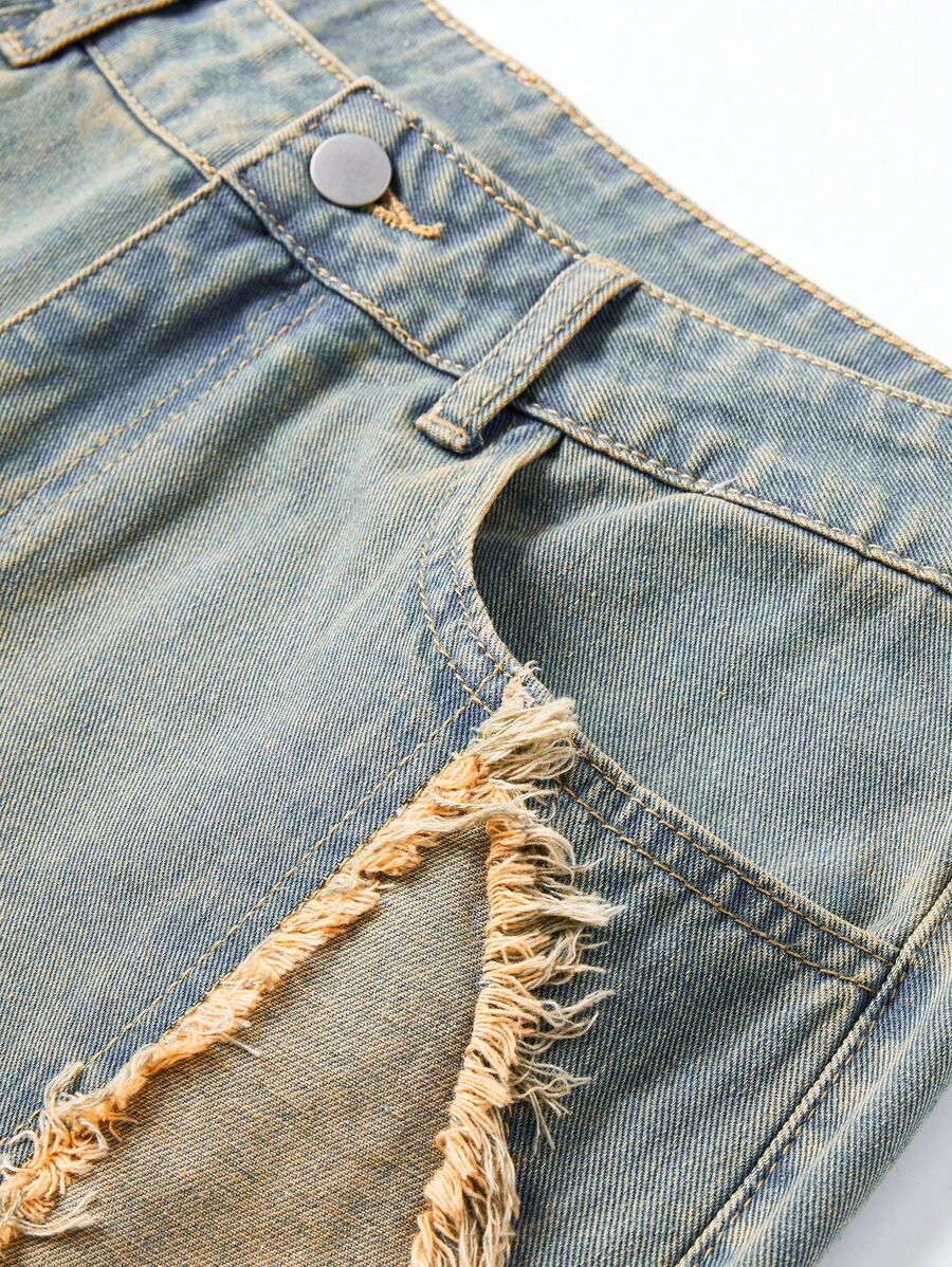ROMWE MEN Street Life - Pantalones cortos vaqueros casuales versátiles con bolsillo y flecos de estrella de cinco puntas para hombre