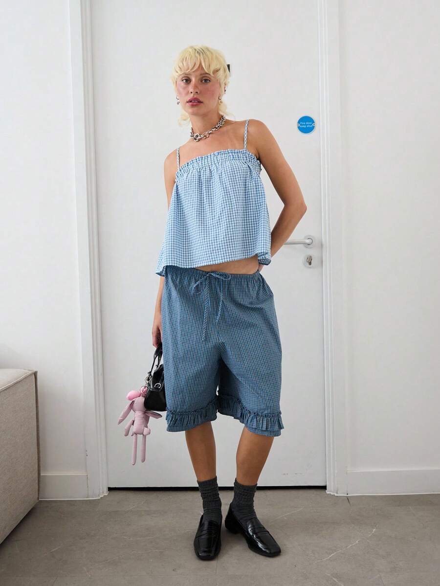 COUREZ Check Frill Bermuda Shorts Summer Outfits For Women Summer Dresses Going Out Outfits Casual Y2K Vacation Holiday 100%Cotton 100%Cotton Vintage