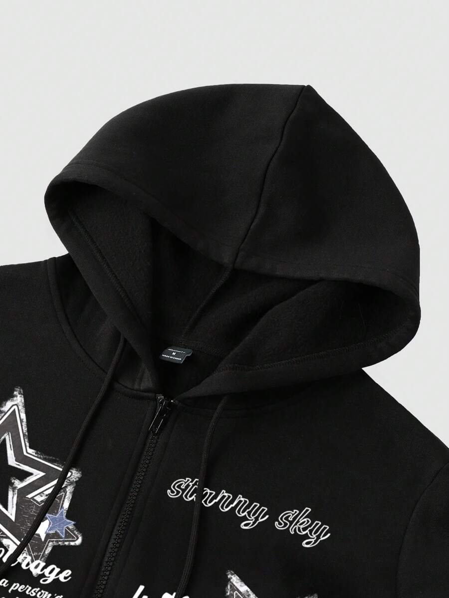 Sudadera con capucha informal Manfinity EMRG para hombre con estampado de eslogan y pentagrama, hombros caídos, manga larga, cuello con cremallera, otoño-invierno