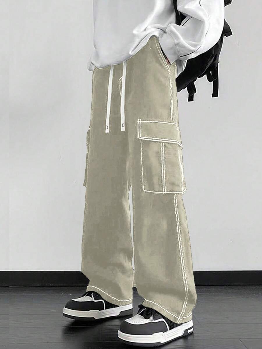 Pantalones cargo rectos Manfinity Hypemode para hombre, informales, con cordón y cintura ajustable, de pierna ancha.