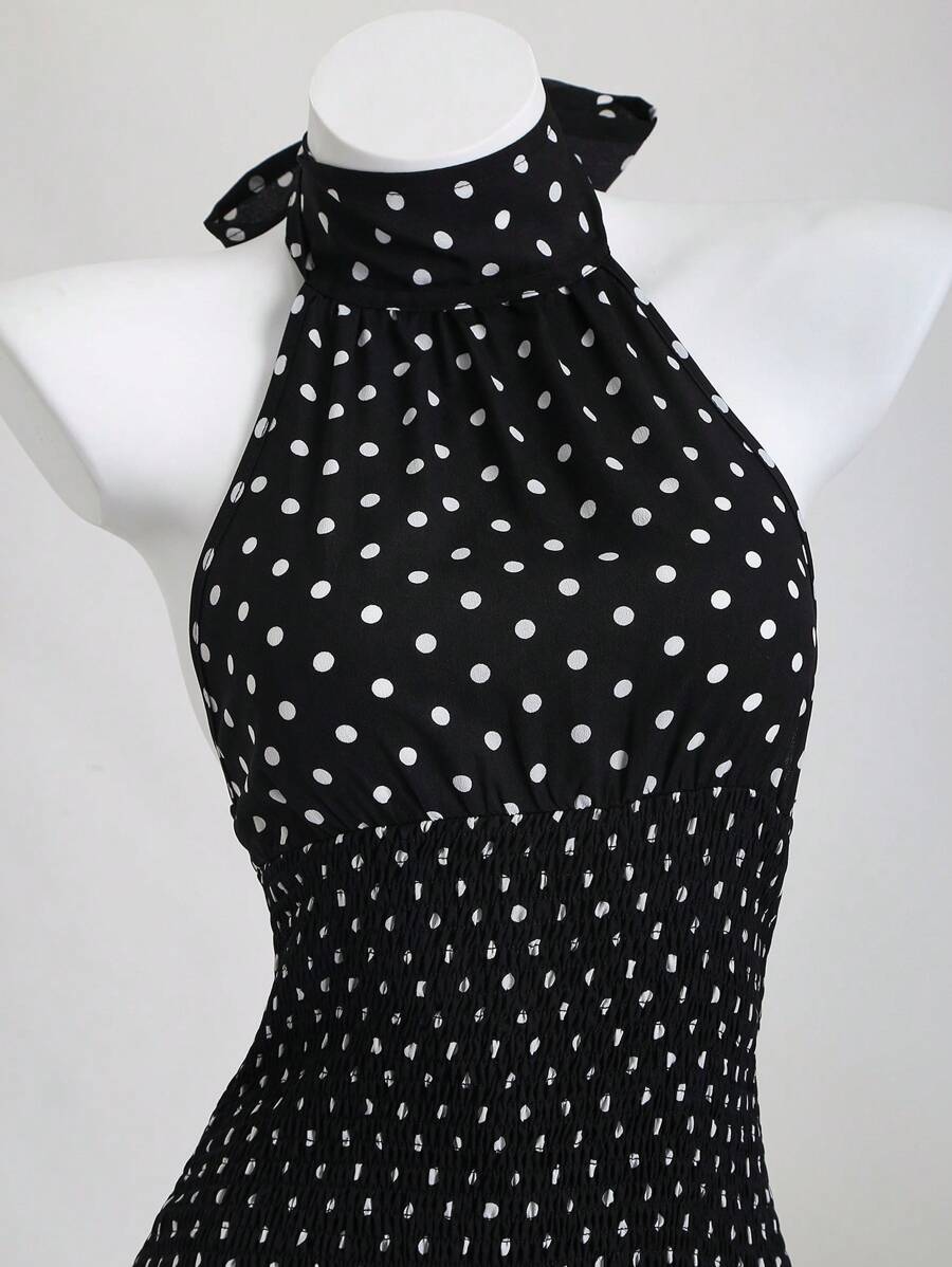 Vestido mini de lunares Elamini con cuello alto, cintura alta, abertura en la espalda, bajo anudado y volantes en contraste. Elegante y romántico para playa, salidas diarias y citas.