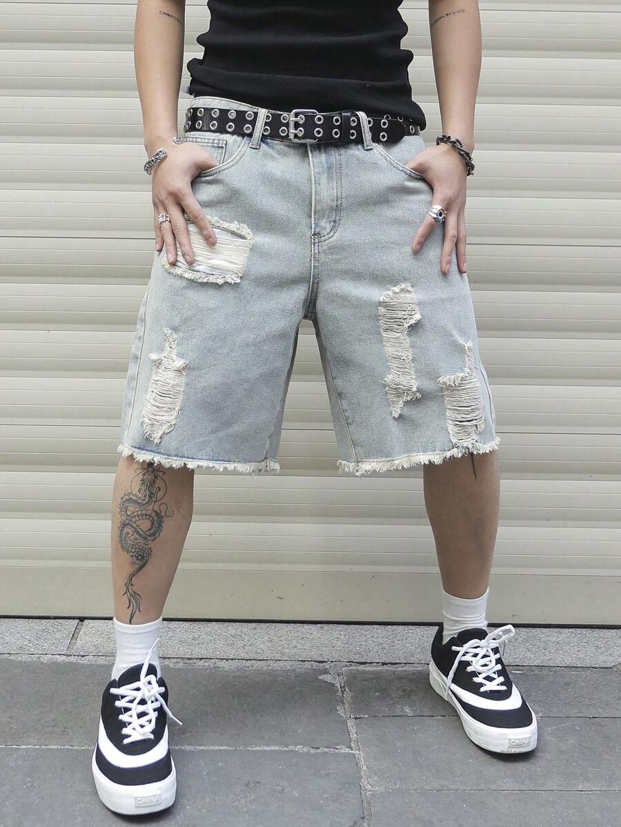 Pantalones cortos vaqueros casuales con bordes deshilachados y bolsillos Manfinity EMRG para hombre