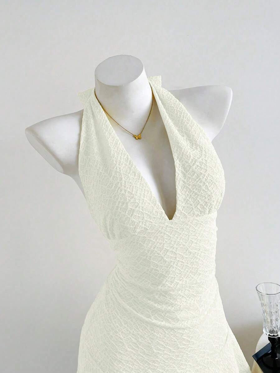 Elamini - Vestido corto informal de verano para mujer, de tejido de punto, color liso, con doble capa, volantes, cuello halter y lazo