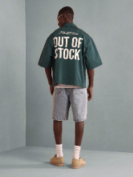 Camisa SUMWON moderna con botones y estampado de mensaje de estilo de vida, estilo urbano, informal, de manga corta, estilo urbano contemporáneo, para verano y otoño.