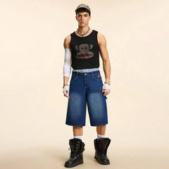 Pantalones cortos vaqueros holgados informales con múltiples bolsillos y bordados para hombre de Paul Frank